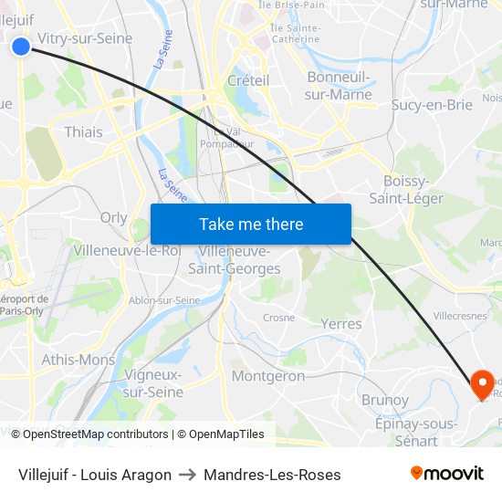 Villejuif - Louis Aragon to Mandres-Les-Roses map