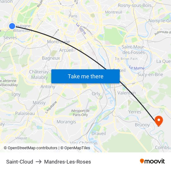Saint-Cloud to Mandres-Les-Roses map