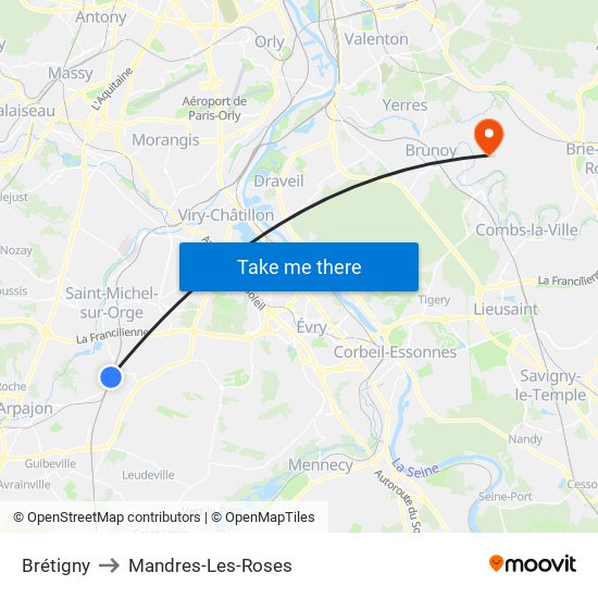 Brétigny to Mandres-Les-Roses map