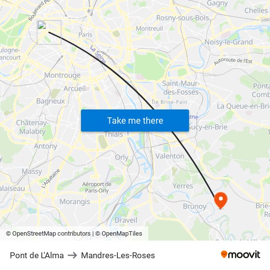Pont de L'Alma to Mandres-Les-Roses map