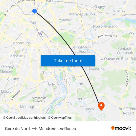 Gare du Nord to Mandres-Les-Roses map