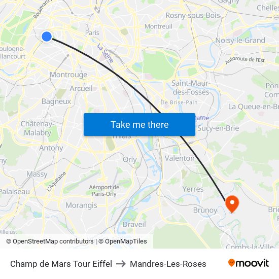 Champ de Mars Tour Eiffel to Mandres-Les-Roses map