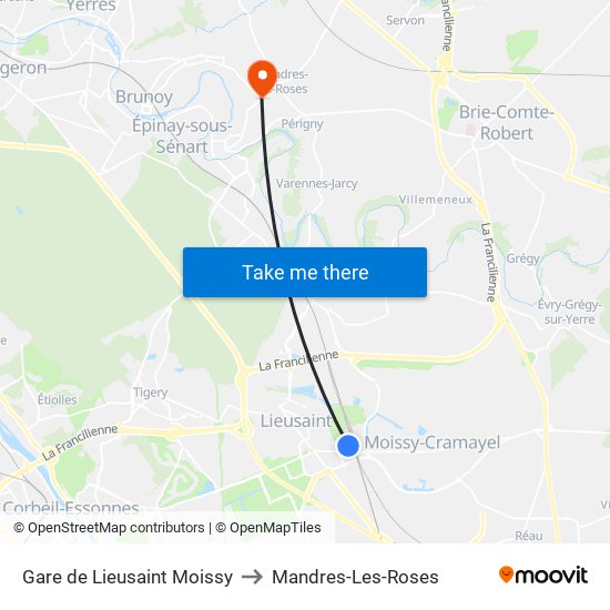 Gare de Lieusaint Moissy to Mandres-Les-Roses map