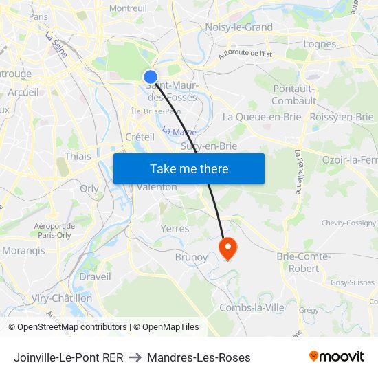 Joinville-Le-Pont RER to Mandres-Les-Roses map