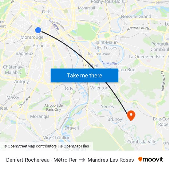 Denfert-Rochereau - Métro-Rer to Mandres-Les-Roses map