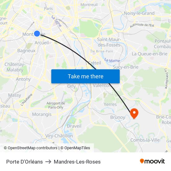 Porte D'Orléans to Mandres-Les-Roses map