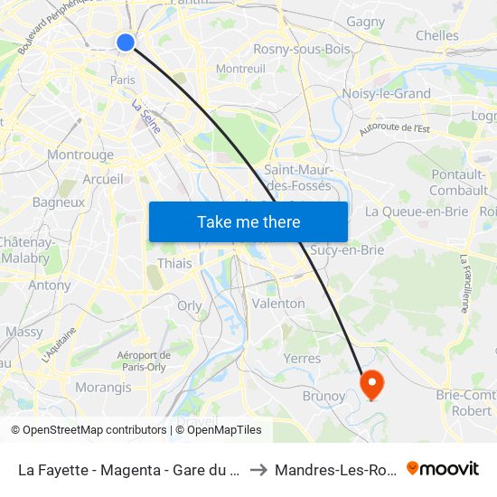 La Fayette - Magenta - Gare du Nord to Mandres-Les-Roses map