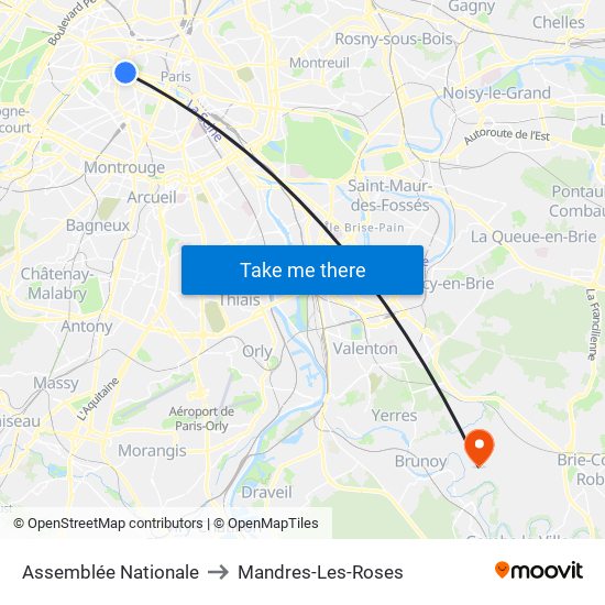 Assemblée Nationale to Mandres-Les-Roses map