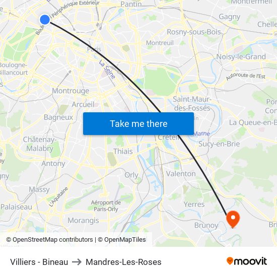 Villiers - Bineau to Mandres-Les-Roses map