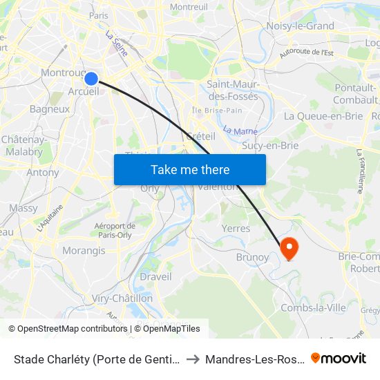 Stade Charléty (Porte de Gentilly) to Mandres-Les-Roses map