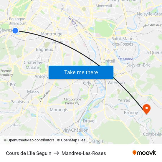 Cours de L'Ile Seguin to Mandres-Les-Roses map