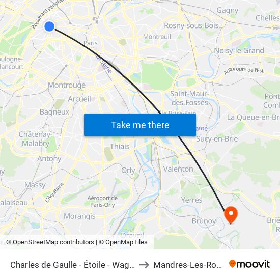 Charles de Gaulle - Étoile - Wagram to Mandres-Les-Roses map