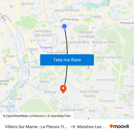 Villiers-Sur-Marne - Le Plessis-Trévise RER to Mandres-Les-Roses map