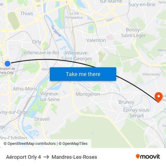 Aéroport Orly 4 to Mandres-Les-Roses map