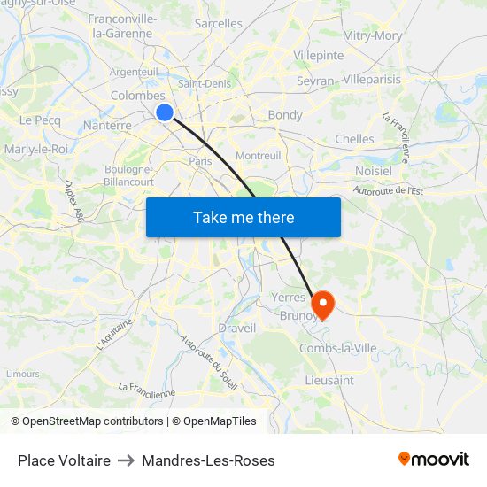 Place Voltaire to Mandres-Les-Roses map