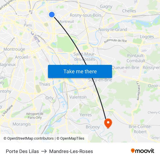 Porte Des Lilas to Mandres-Les-Roses map