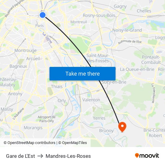 Gare de L'Est to Mandres-Les-Roses map