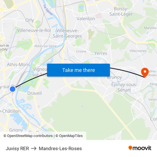 Juvisy RER to Mandres-Les-Roses map