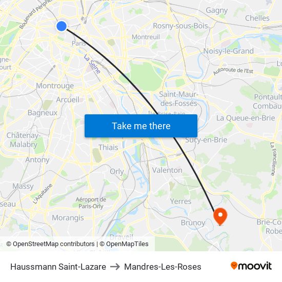 Haussmann Saint-Lazare to Mandres-Les-Roses map