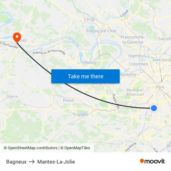 Bagneux to Mantes-La-Jolie map