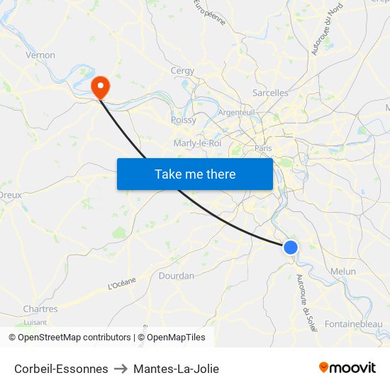 Corbeil-Essonnes to Mantes-La-Jolie map