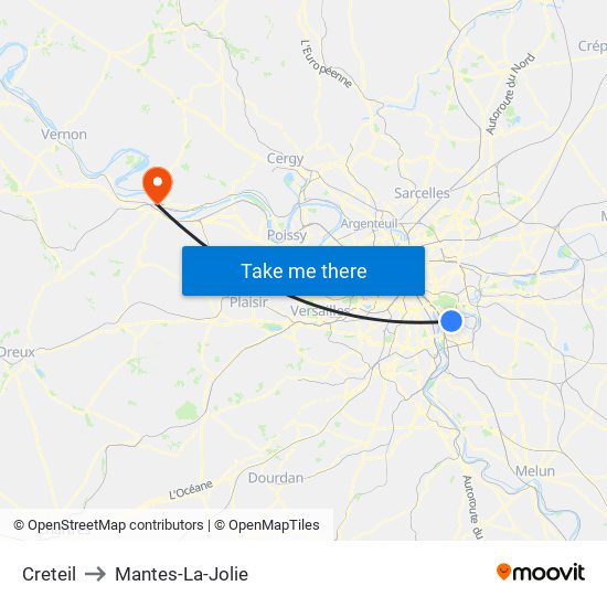 Creteil to Mantes-La-Jolie map