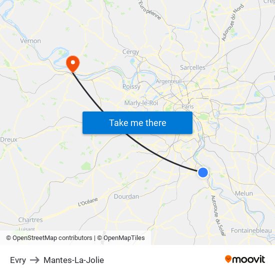 Evry to Mantes-La-Jolie map