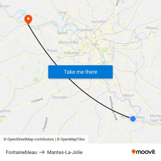 Fontainebleau to Mantes-La-Jolie map