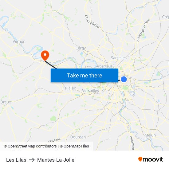 Les Lilas to Mantes-La-Jolie map