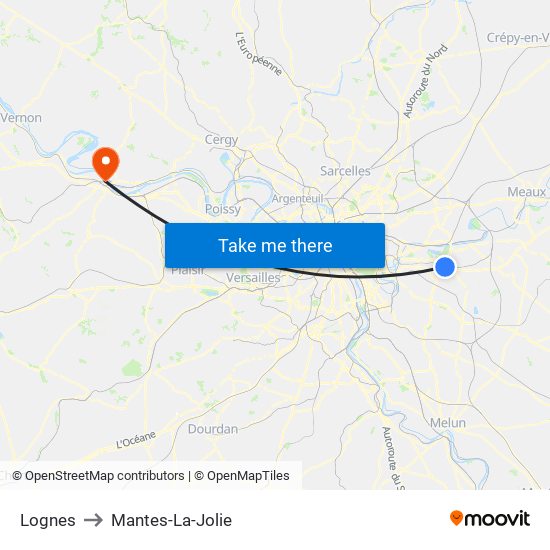 Lognes to Mantes-La-Jolie map