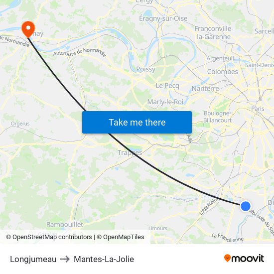 Longjumeau to Mantes-La-Jolie map