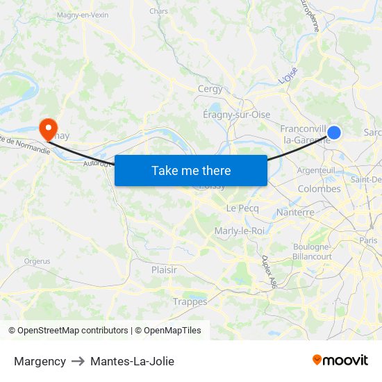 Margency to Mantes-La-Jolie map