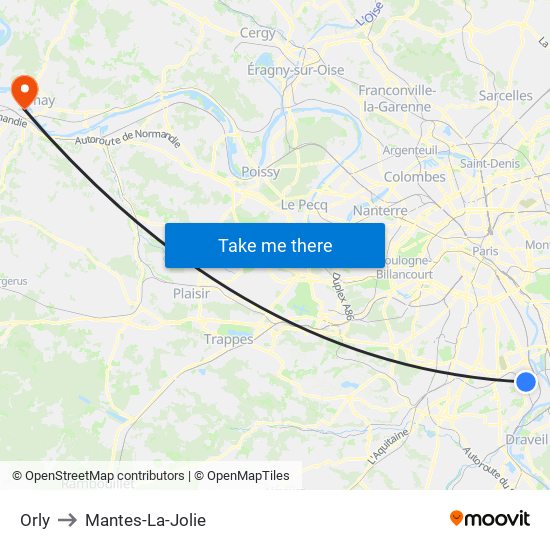 Orly to Mantes-La-Jolie map