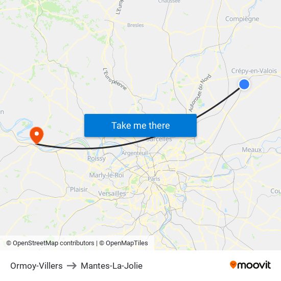 Ormoy-Villers to Mantes-La-Jolie map