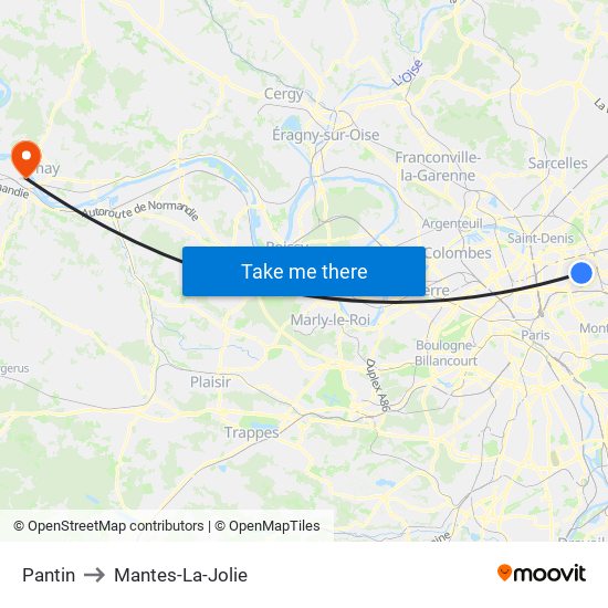 Pantin to Mantes-La-Jolie map