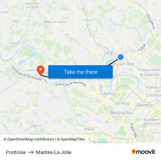 Pontoise to Mantes-La-Jolie map