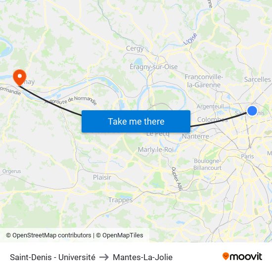 Saint-Denis - Université to Mantes-La-Jolie map