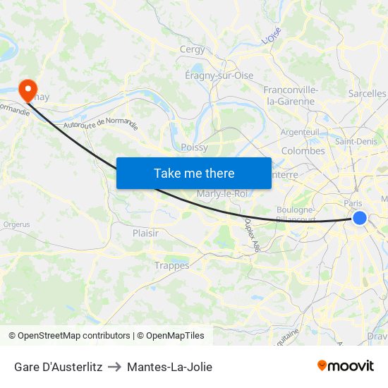 Gare D'Austerlitz to Mantes-La-Jolie map