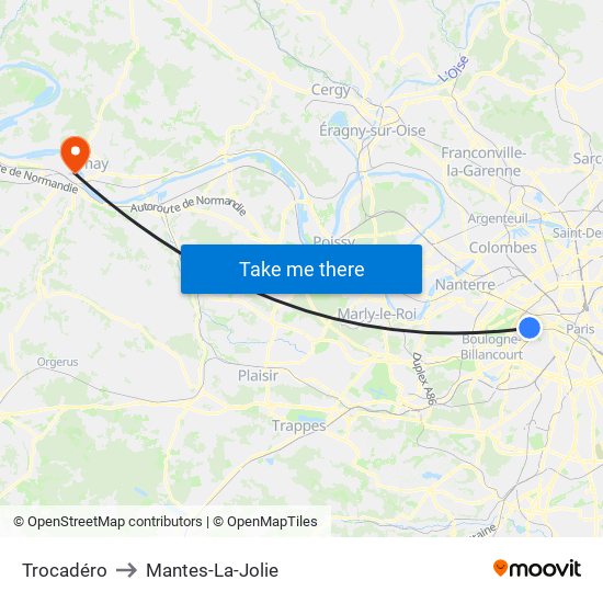 Trocadéro to Mantes-La-Jolie map
