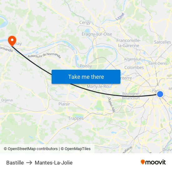Bastille to Mantes-La-Jolie map