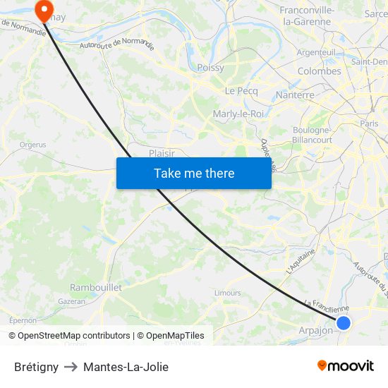 Brétigny to Mantes-La-Jolie map