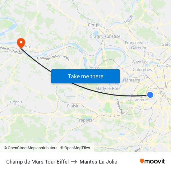 Champ de Mars Tour Eiffel to Mantes-La-Jolie map