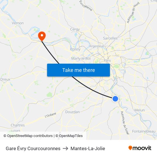 Gare Évry Courcouronnes to Mantes-La-Jolie map