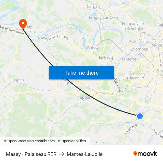 Massy - Palaiseau RER to Mantes-La-Jolie map