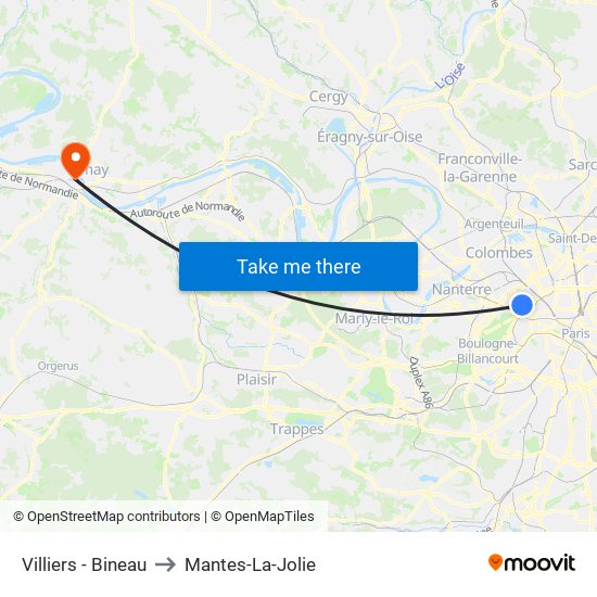 Villiers - Bineau to Mantes-La-Jolie map