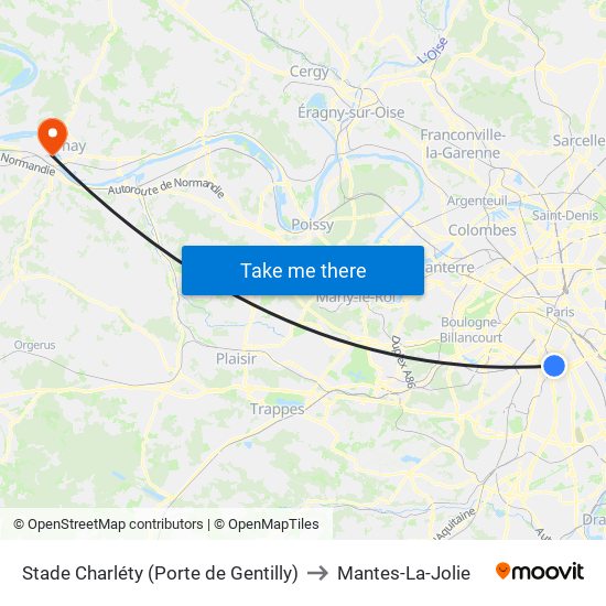 Stade Charléty (Porte de Gentilly) to Mantes-La-Jolie map