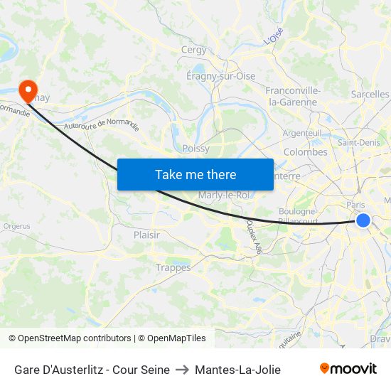 Gare D'Austerlitz - Cour Seine to Mantes-La-Jolie map