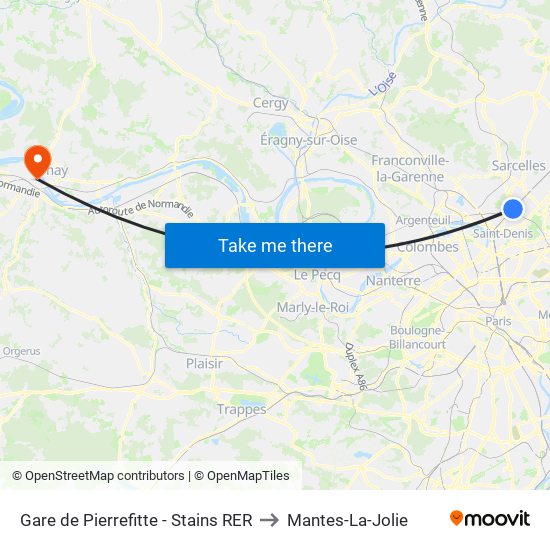 Gare de Pierrefitte - Stains RER to Mantes-La-Jolie map