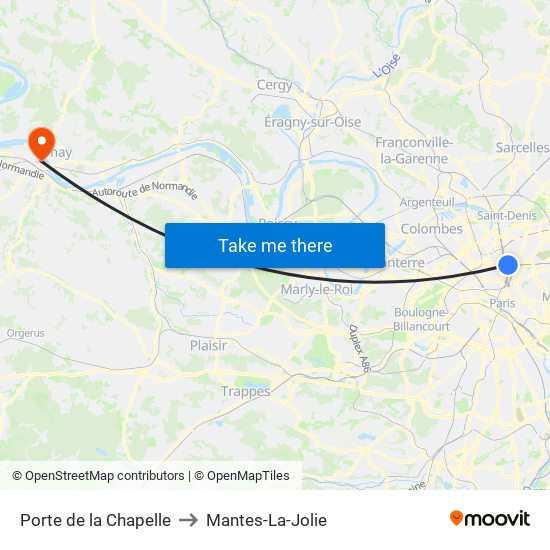 Porte de la Chapelle to Mantes-La-Jolie map