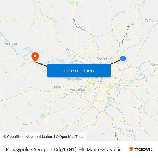 Roissypole - Aéroport Cdg1 (G1) to Mantes-La-Jolie map